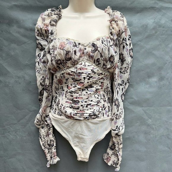 Free People Tops - Free People Brunch Date Cream Floral Bodysuit Long Sleeves Ruffles Pleated Sz ?